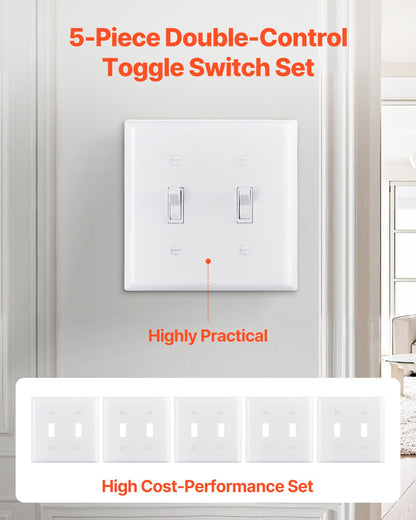 VEVOR Toggle Light Switch Wall Plates, 2-Gang Switch Electrical Outlet Covers, Standard Size 4.61in L x 4.53in H Unbreakable Polycarbonate Thermoplastic Faceplate for Receptacle Outlet&Switch(5 Pack, White) - BDKGBBPCDLXZHFZWM001V0 - view 3