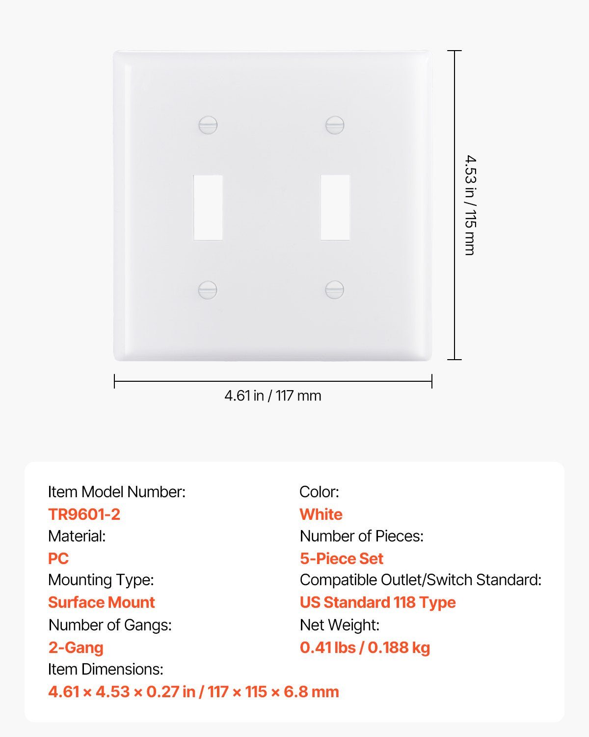 VEVOR Toggle Light Switch Wall Plates, 2-Gang Switch Electrical Outlet Covers, Standard Size 4.61in L x 4.53in H Unbreakable Polycarbonate Thermoplastic Faceplate for Receptacle Outlet&Switch(5 Pack, White) - BDKGBBPCDLXZHFZWM001V0 - view 8