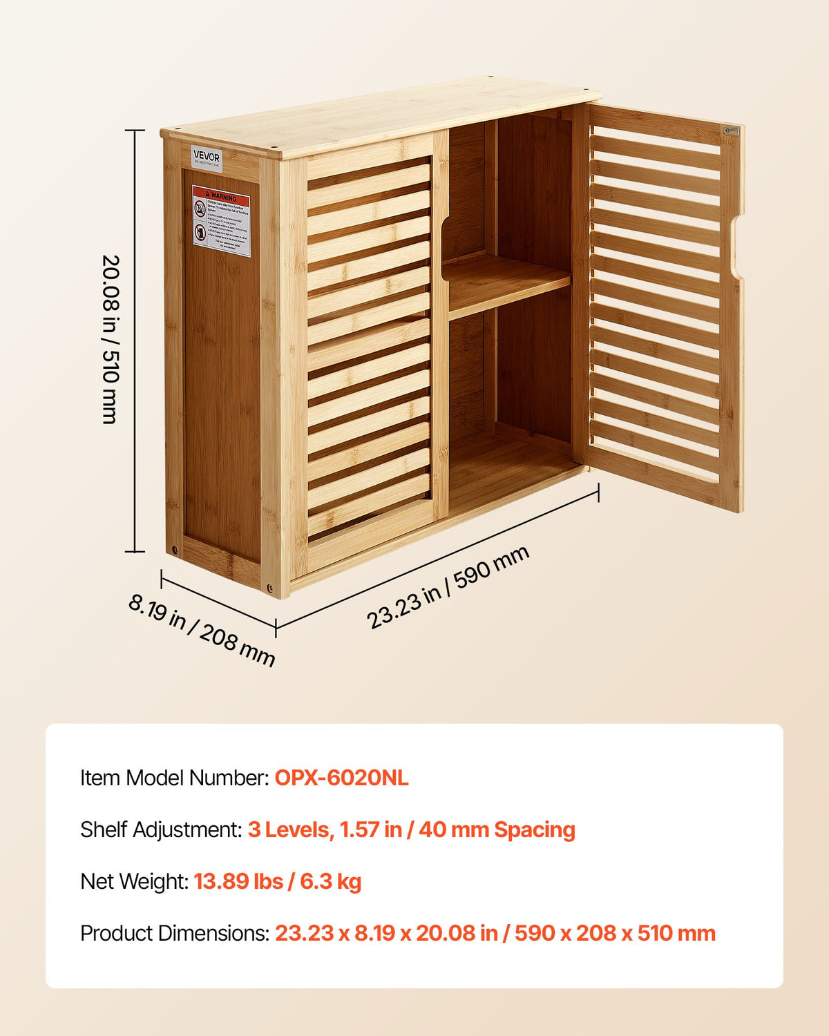 VEVOR Bathroom Wall Cabinet, 2 Doors and Adjustable Shelf with 3 Height Levels, Over the Toilet Storage Medicine Cabinet Wall Mounted, Hanging Organizer with Shelves for Laundry Room Kitchen Restroom - BDMJG2JSPKMZD4L3D001V0 - view 8