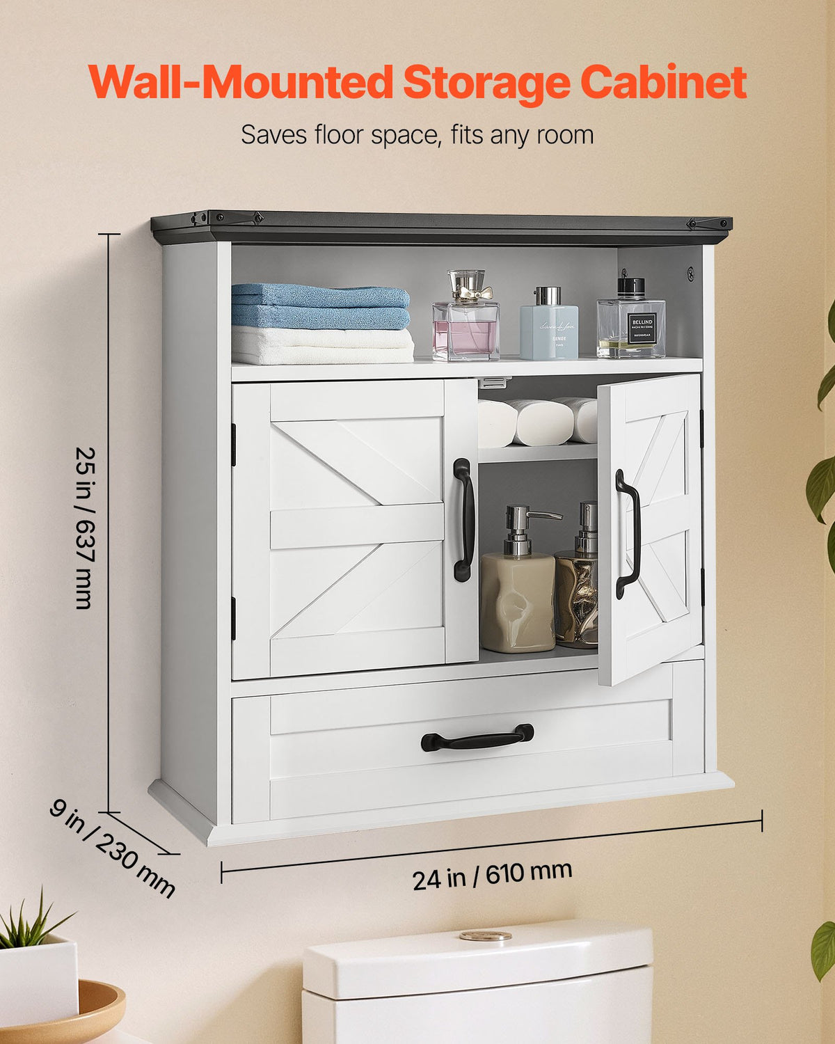 VEVOR Bathroom Wall Cabinet, 2 Doors & Adjustable Shelf, Over the Toilet Storage Medicine Cabinet Wall Mounted, Hanging Organizer with Drawer & Open Partition for Laundry Room Kitchen Restroom, White - BDMJG2JYJGB2Z3VSD001V0 - view 3