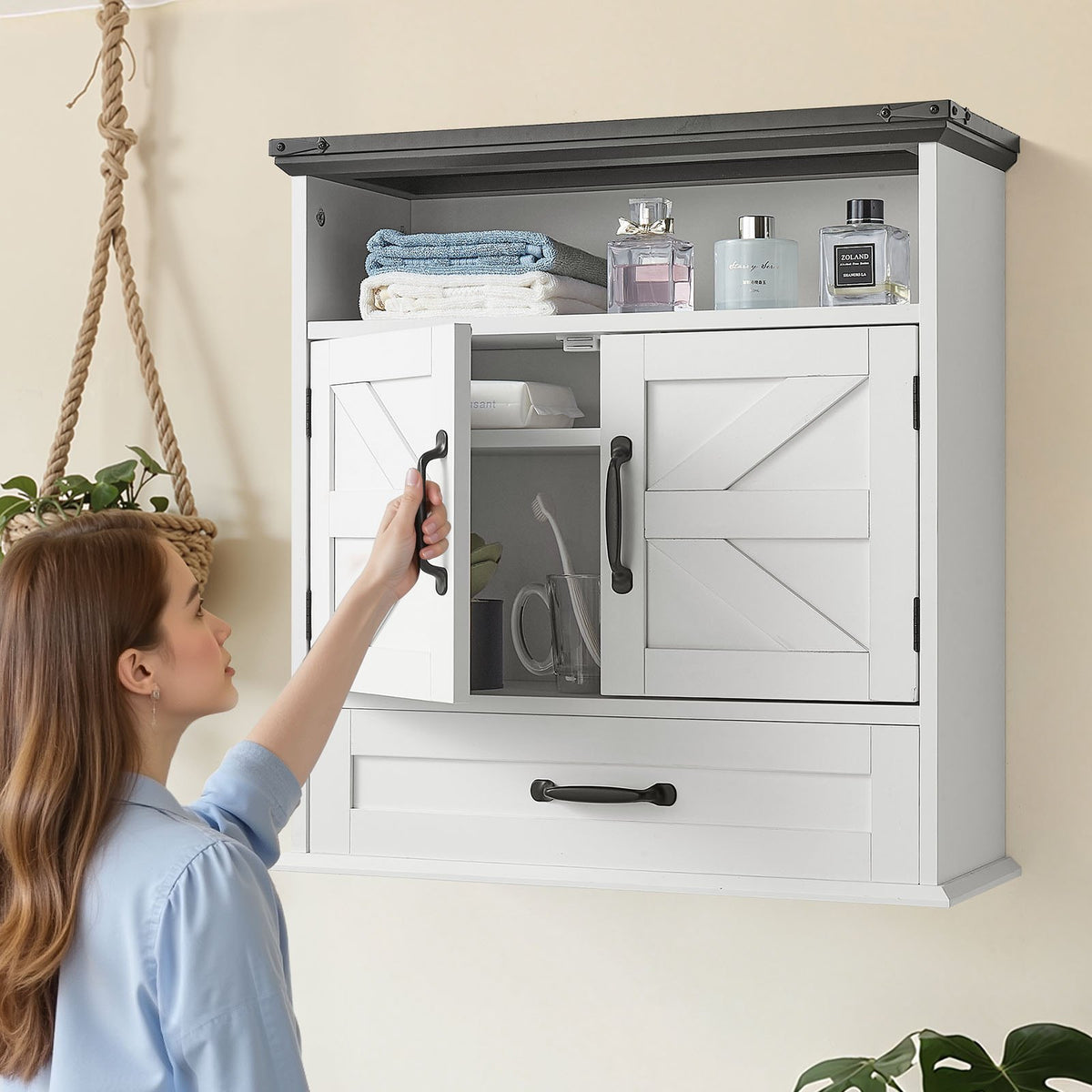 VEVOR Bathroom Wall Cabinet, 2 Doors & Adjustable Shelf, Over the Toilet Storage Medicine Cabinet Wall Mounted, Hanging Organizer with Drawer & Open Partition for Laundry Room Kitchen Restroom, White - BDMJG2JYJGB2Z3VSD001V0 - view 9