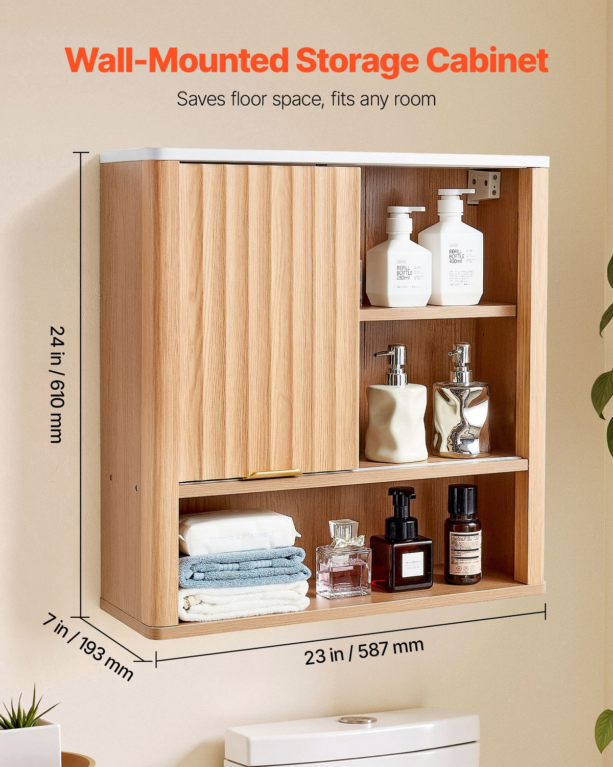 VEVOR Bathroom Wall Cabinet, with Door and Adjustable Shelf, Over the Toilet Storage Medicine Cabinet Wall Mounted, Hanging Organizer with Shelves and Open Partition for Laundry Room Kitchen Restroom - BDMJG2JYJGBDMXBZY001V0 - view 3