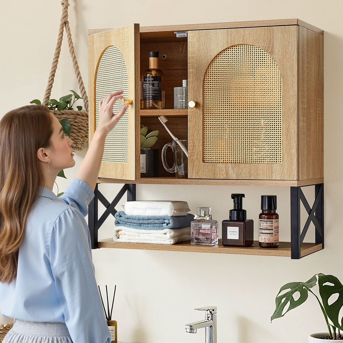 VEVOR Bathroom Wall Cabinet, with 2 Doors and Adjustable Shelf, Over the Toilet Storage Medicine Cabinet Wall Mounted, Hanging Organizer with Shelves & Open Partition for Laundry Room Kitchen Restroom - BDMJG2JYJGBSE1Z17001V0 - view 9