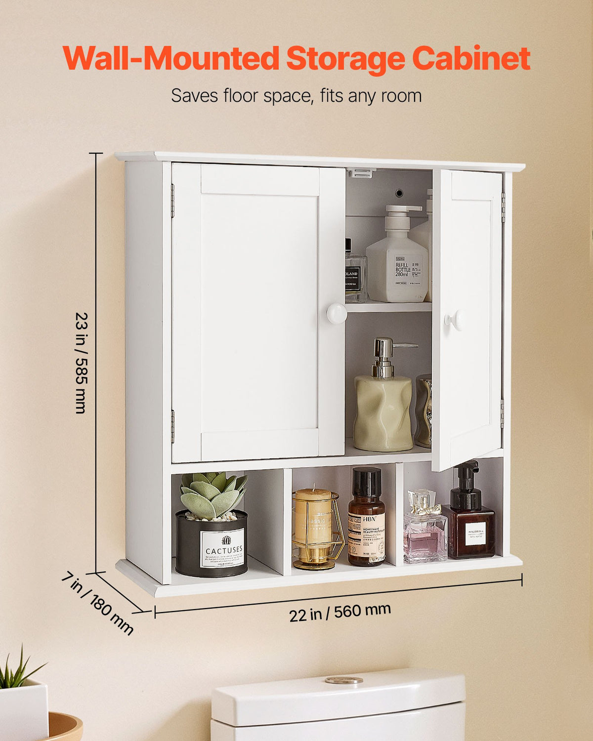 VEVOR Bathroom Wall Cabinet, 2 Doors & Adjustable Shelf, Over the Toilet Storage Medicine Cabinet Wall Mounted, Hanging Organizer with Shelves & Open Partition for Laundry Room Kitchen Restroom, White - BDMJG2JYJGBSOYU70001V0 - view 3