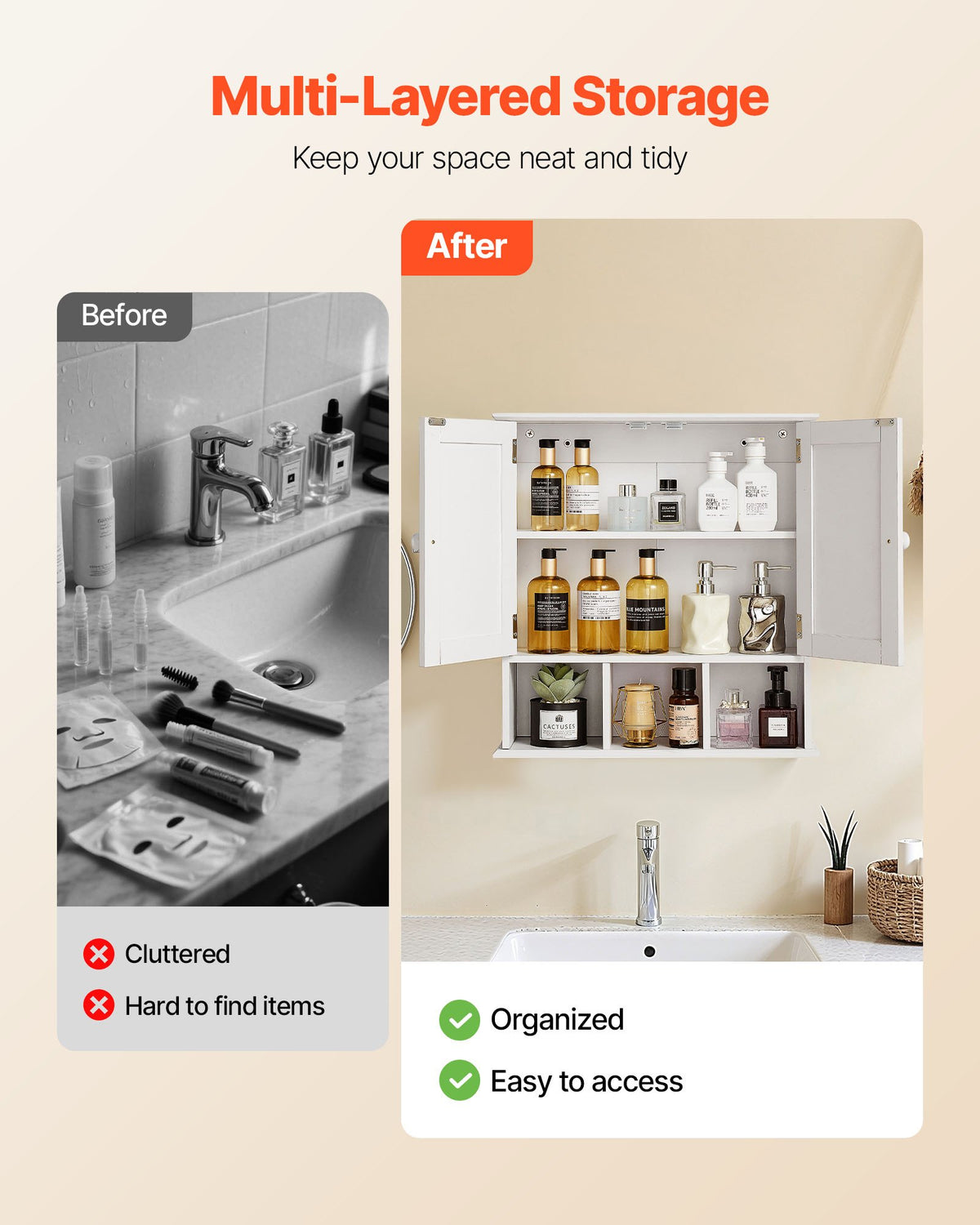 VEVOR Bathroom Wall Cabinet, 2 Doors & Adjustable Shelf, Over the Toilet Storage Medicine Cabinet Wall Mounted, Hanging Organizer with Shelves & Open Partition for Laundry Room Kitchen Restroom, White - BDMJG2JYJGBSOYU70001V0 - view 4