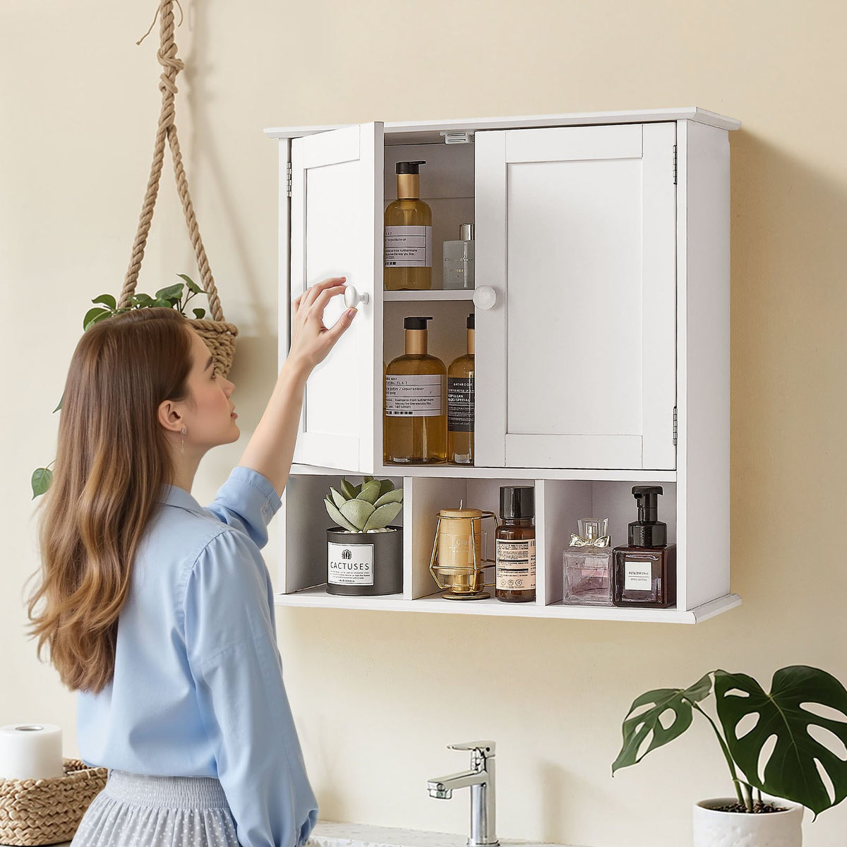 VEVOR Bathroom Wall Cabinet, 2 Doors & Adjustable Shelf, Over the Toilet Storage Medicine Cabinet Wall Mounted, Hanging Organizer with Shelves & Open Partition for Laundry Room Kitchen Restroom, White - BDMJG2JYJGBSOYU70001V0 - view 9