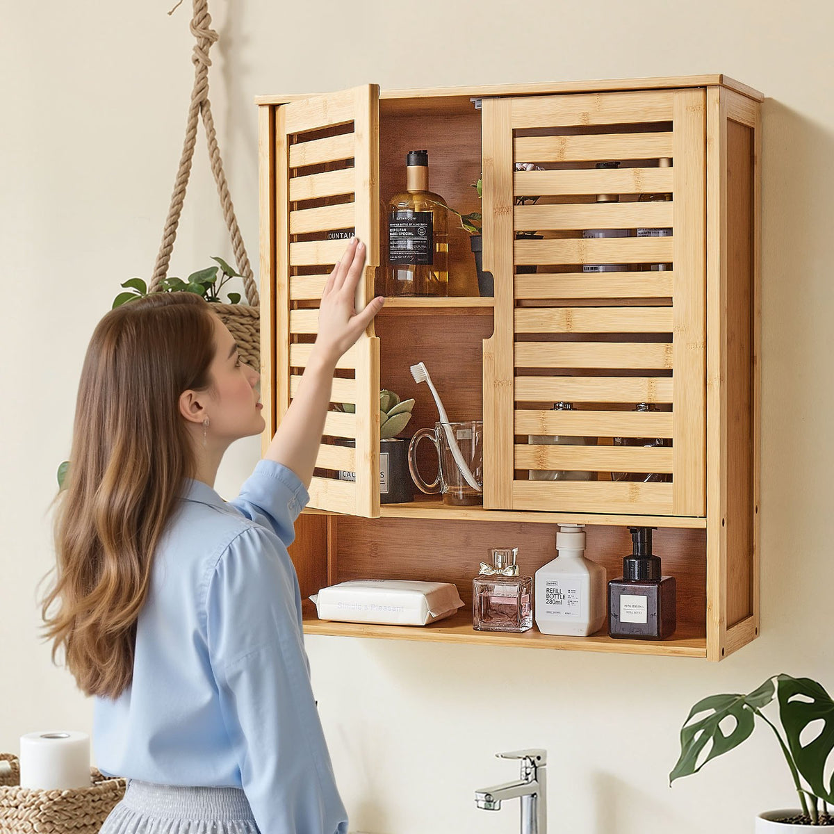 VEVOR Bathroom Wall Cabinet, 2 Doors and Adjustable Shelf, Over the Toilet Storage Medicine Cabinet Wall Mounted, Hanging Organizer with Shelves and Open Partition for Laundry Room Kitchen Restroom - BDMJG2JYJGBSXNKXR001V0 - view 9