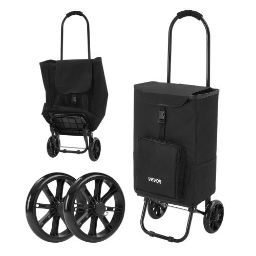 VEVOR Shopping Cart with Wheels Foldable Trolley Dolly for Groceries Black, 2-in-1 Rolling Utility Cart with Detachable Bag, Soft Foam Handle, Storage Compartments, Compact for Market Laundry Camping - BDSGWC110B2L0TQUR001V0 - view 2