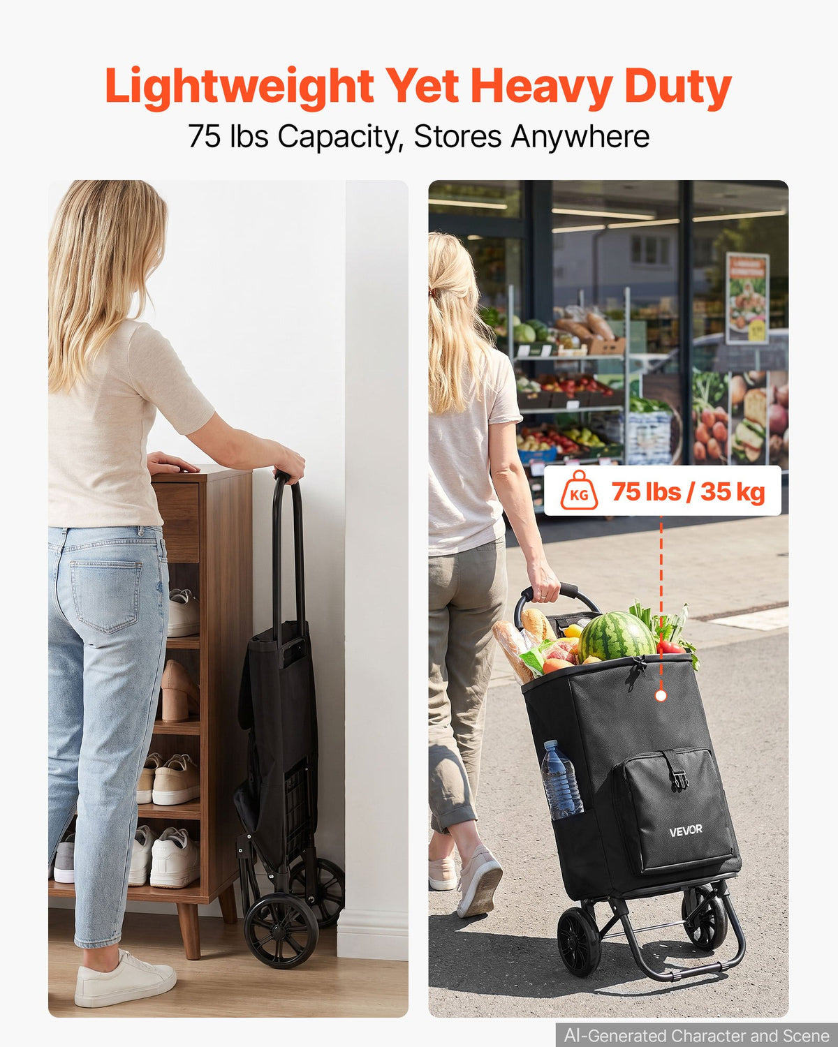 VEVOR Shopping Cart with Wheels Foldable Trolley Dolly for Groceries Black, 2-in-1 Rolling Utility Cart with Detachable Bag, Soft Foam Handle, Storage Compartments, Compact for Market Laundry Camping - BDSGWC110B2L0TQUR001V0 - view 3