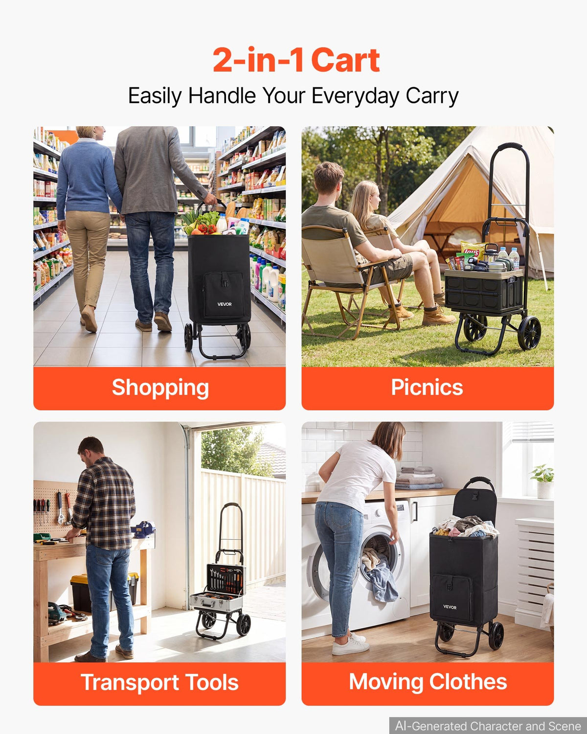 VEVOR Shopping Cart with Wheels Foldable Trolley Dolly for Groceries Black, 2-in-1 Rolling Utility Cart with Detachable Bag, Soft Foam Handle, Storage Compartments, Compact for Market Laundry Camping - BDSGWC110B2L0TQUR001V0 - view 4