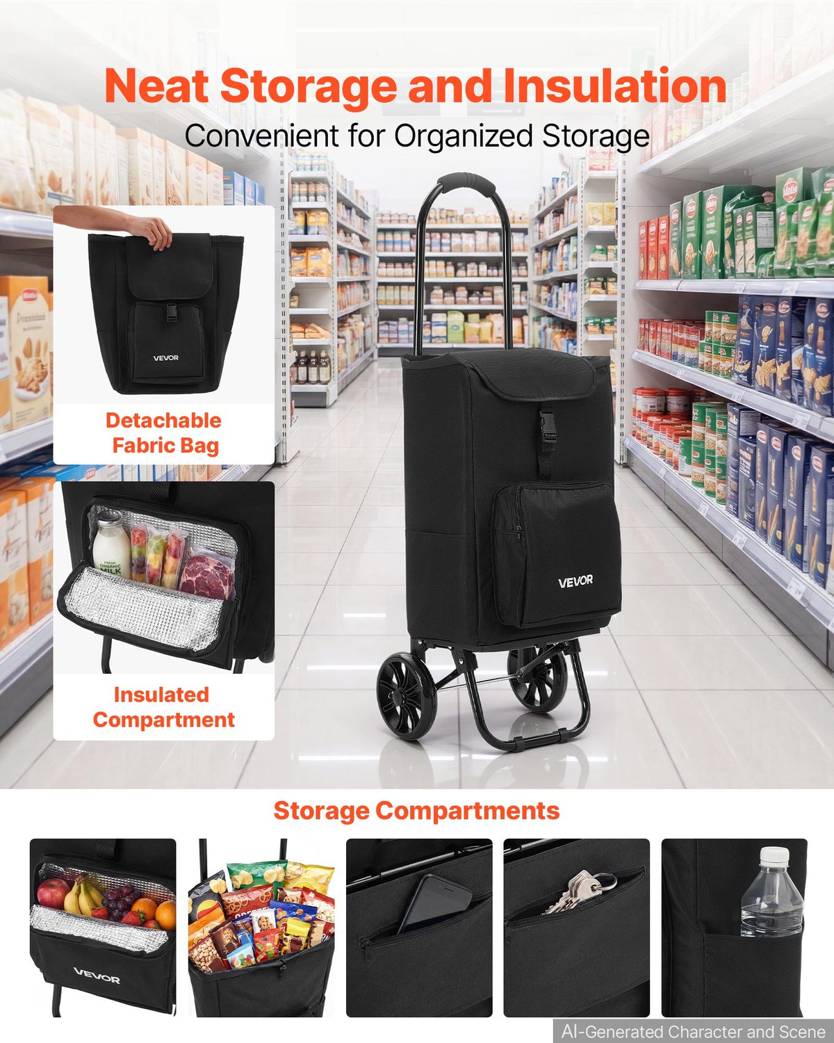 VEVOR Shopping Cart with Wheels Foldable Trolley Dolly for Groceries Black, 2-in-1 Rolling Utility Cart with Detachable Bag, Soft Foam Handle, Storage Compartments, Compact for Market Laundry Camping - BDSGWC110B2L0TQUR001V0 - view 5
