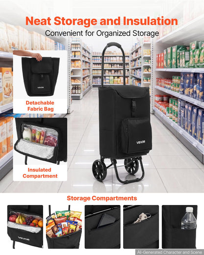 VEVOR Shopping Cart with Wheels Foldable Trolley Dolly for Groceries Black, 2-in-1 Rolling Utility Cart with Detachable Bag, Soft Foam Handle, Storage Compartments, Compact for Market Laundry Camping - BDSGWC110B2L0TQUR001V0 - view 5