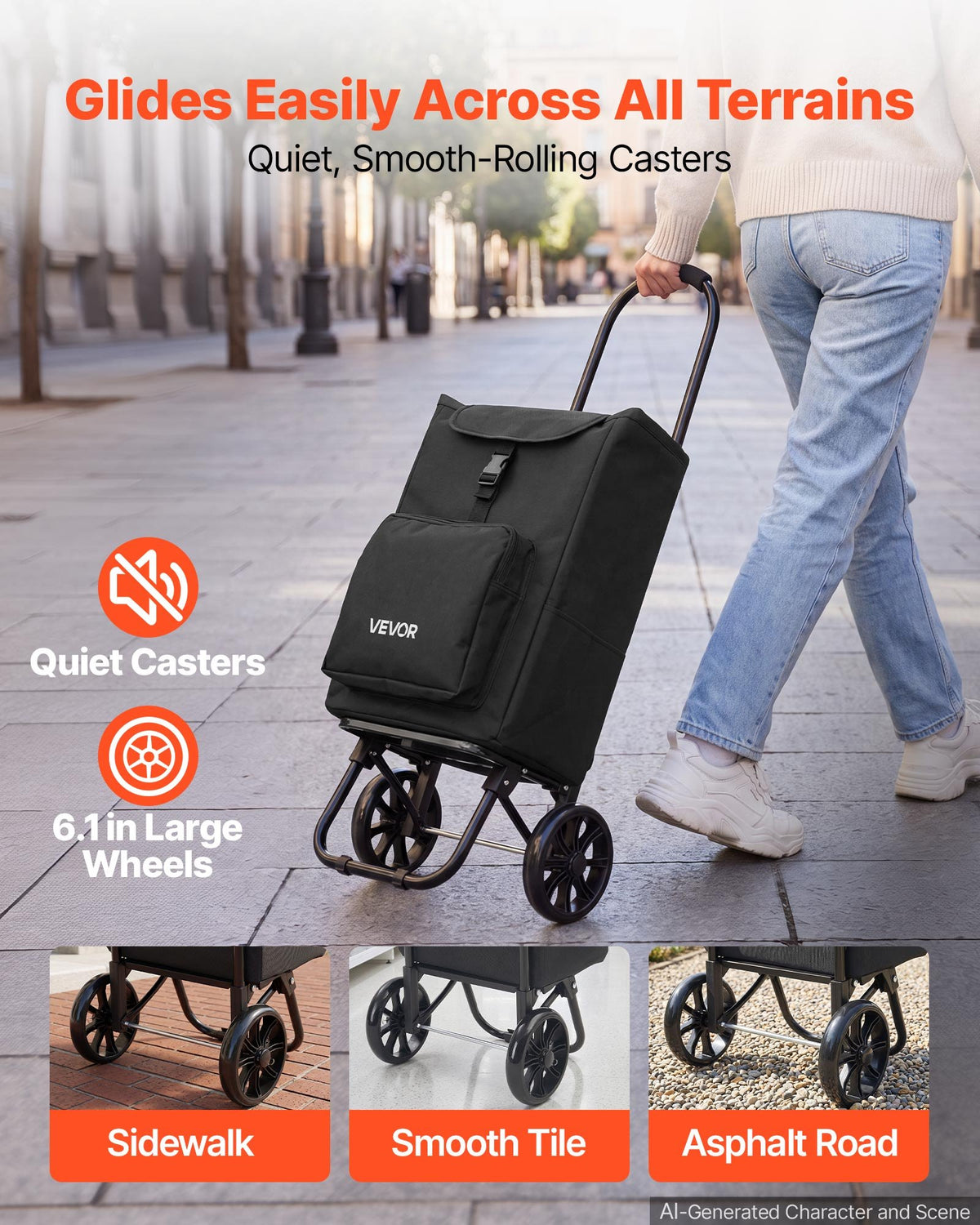 VEVOR Shopping Cart with Wheels Foldable Trolley Dolly for Groceries Black, 2-in-1 Rolling Utility Cart with Detachable Bag, Soft Foam Handle, Storage Compartments, Compact for Market Laundry Camping - BDSGWC110B2L0TQUR001V0 - view 6