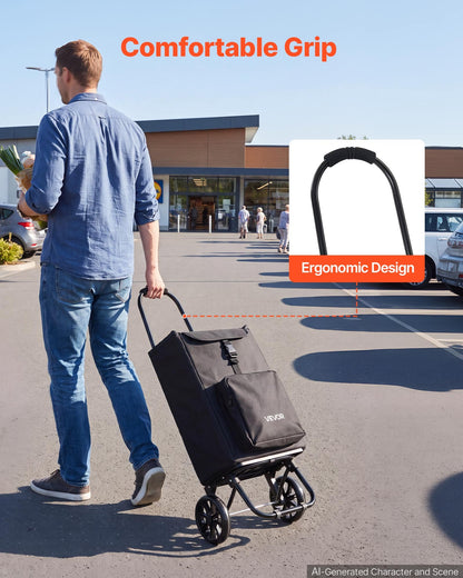 VEVOR Shopping Cart with Wheels Foldable Trolley Dolly for Groceries Black, 2-in-1 Rolling Utility Cart with Detachable Bag, Soft Foam Handle, Storage Compartments, Compact for Market Laundry Camping - BDSGWC110B2L0TQUR001V0 - view 7