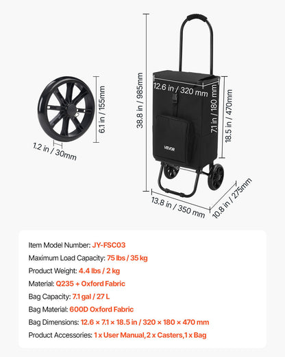 VEVOR Shopping Cart with Wheels Foldable Trolley Dolly for Groceries Black, 2-in-1 Rolling Utility Cart with Detachable Bag, Soft Foam Handle, Storage Compartments, Compact for Market Laundry Camping - BDSGWC110B2L0TQUR001V0 - view 8