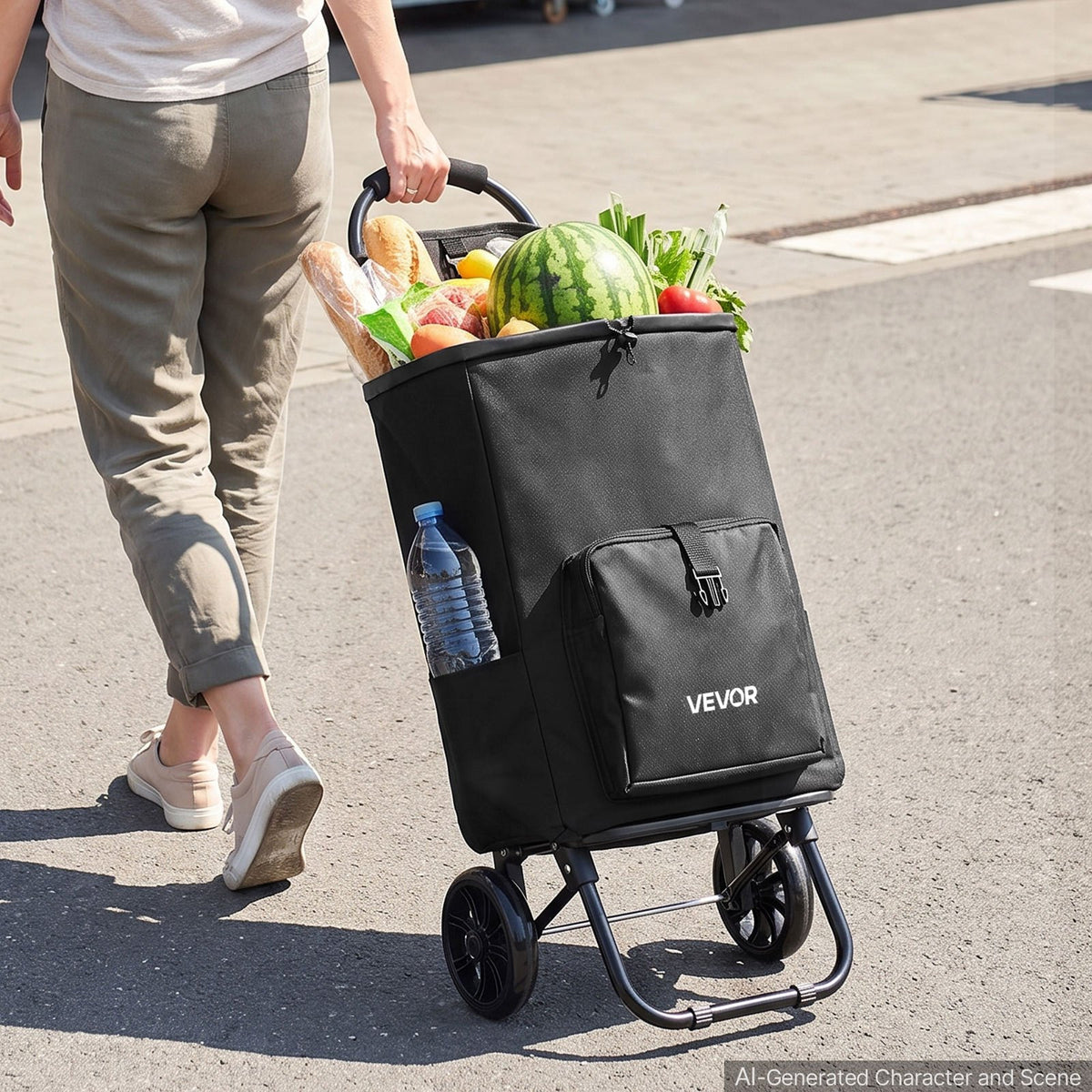 VEVOR Shopping Cart with Wheels Foldable Trolley Dolly for Groceries Black, 2-in-1 Rolling Utility Cart with Detachable Bag, Soft Foam Handle, Storage Compartments, Compact for Market Laundry Camping - BDSGWC110B2L0TQUR001V0 - view 9