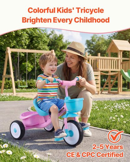 VEVOR Toddler Tricycle for 2-5 Year Old, Kids Trike with Adjustable Seat, Storage Basket, Carbon Steel Frame, Handlebar Grips for Outdoor Play, Tricycle for Toddlers, Birthday Toy for Boys and Girls - BDSTGBDDPHLL2A6NV001V0 - view 3