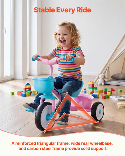 VEVOR Toddler Tricycle for 2-5 Year Old, Kids Trike with Adjustable Seat, Storage Basket, Carbon Steel Frame, Handlebar Grips for Outdoor Play, Tricycle for Toddlers, Birthday Toy for Boys and Girls - BDSTGBDDPHLL2A6NV001V0 - view 4