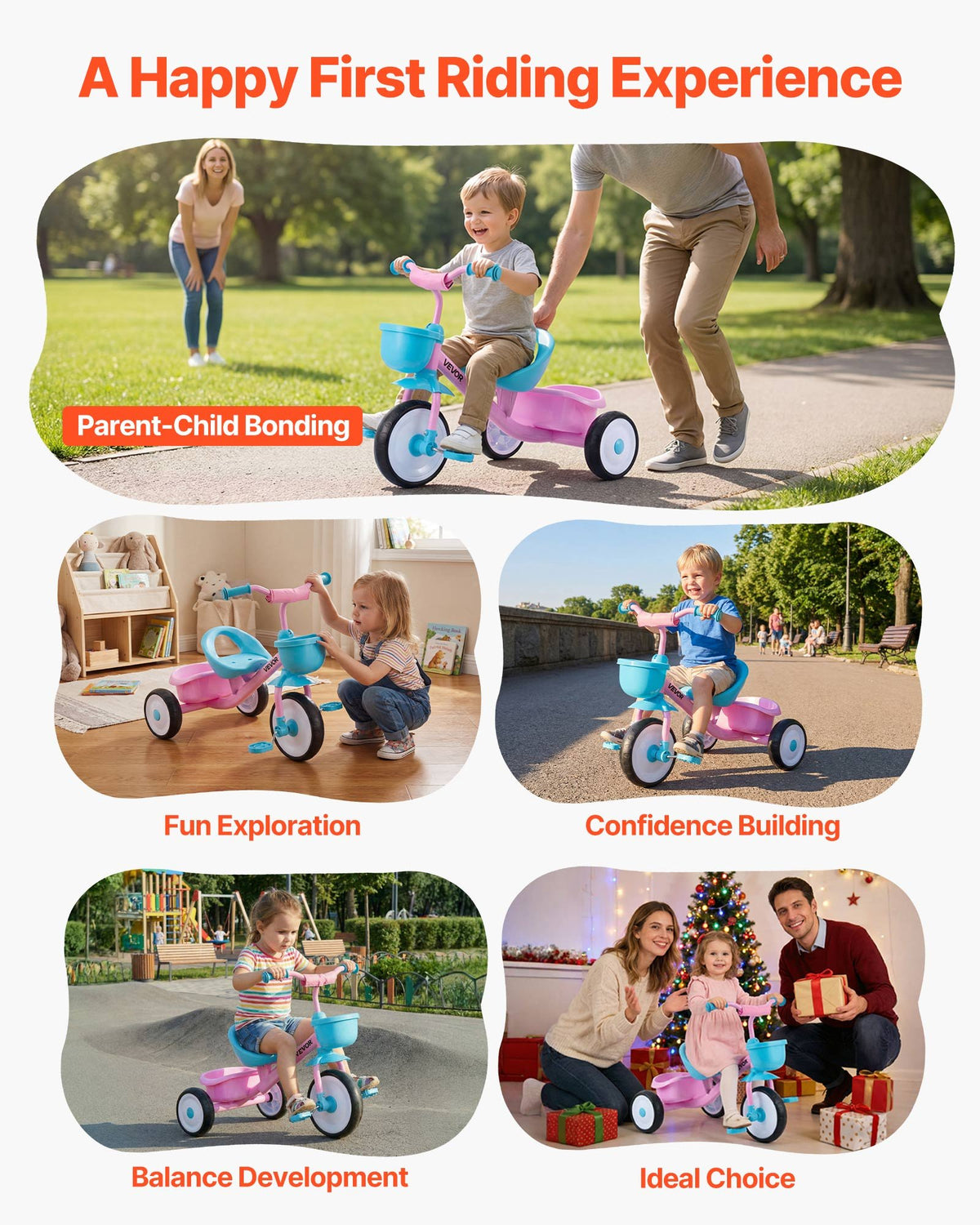 VEVOR Toddler Tricycle for 2-5 Year Old, Kids Trike with Adjustable Seat, Storage Basket, Carbon Steel Frame, Handlebar Grips for Outdoor Play, Tricycle for Toddlers, Birthday Toy for Boys and Girls - BDSTGBDDPHLL2A6NV001V0 - view 7