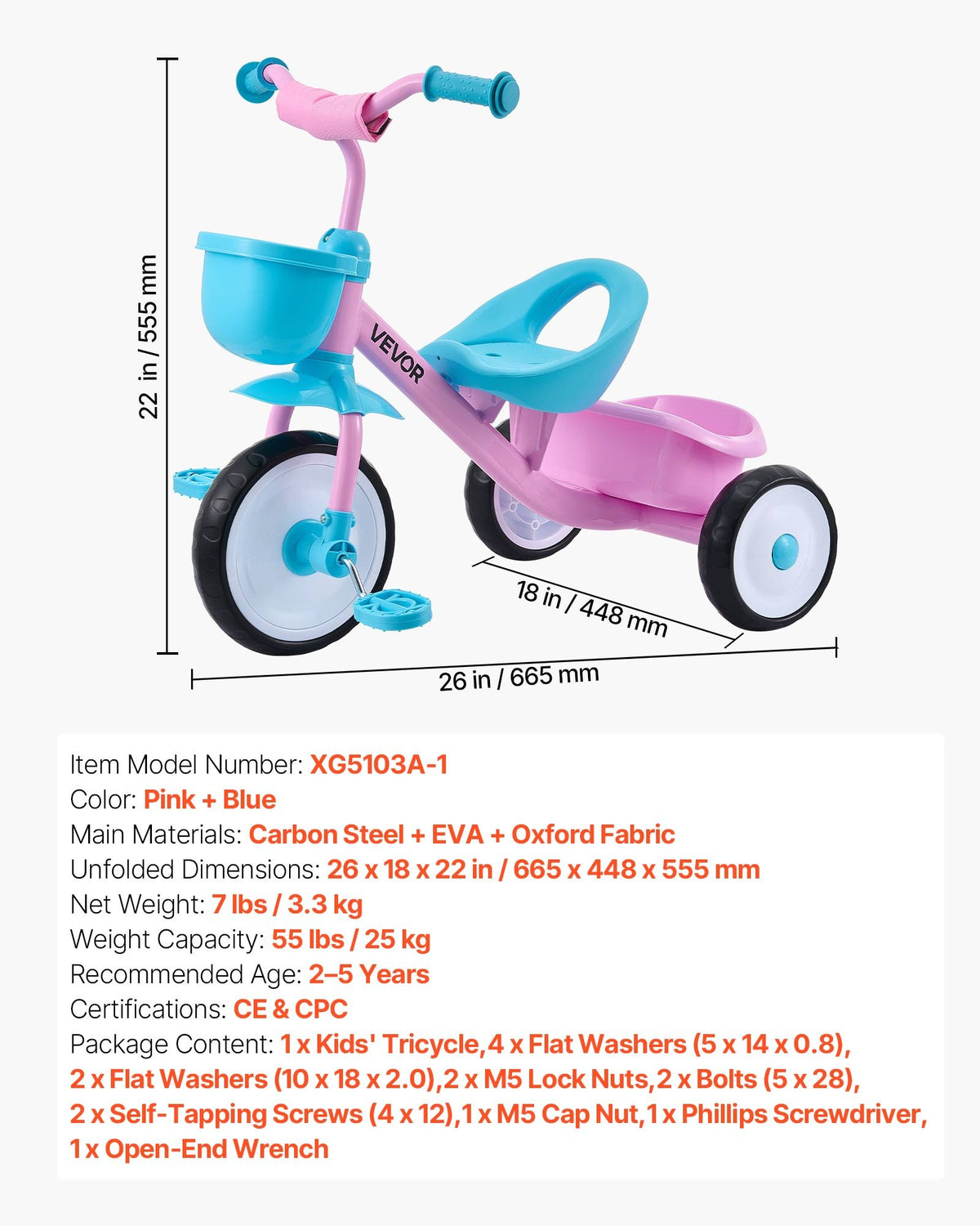 VEVOR Toddler Tricycle for 2-5 Year Old, Kids Trike with Adjustable Seat, Storage Basket, Carbon Steel Frame, Handlebar Grips for Outdoor Play, Tricycle for Toddlers, Birthday Toy for Boys and Girls - BDSTGBDDPHLL2A6NV001V0 - view 8
