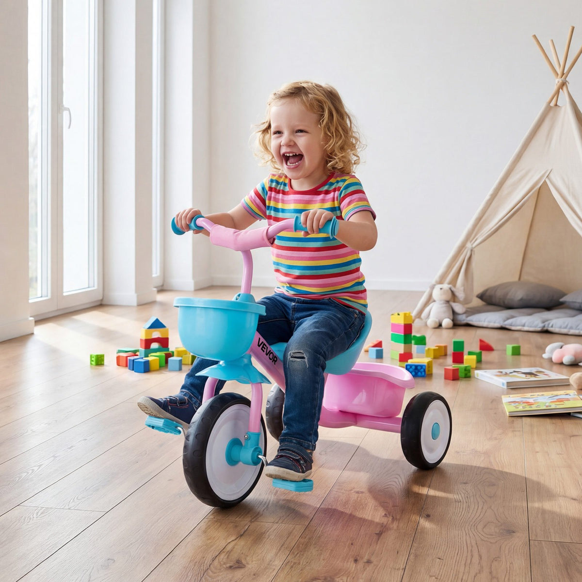 VEVOR Toddler Tricycle for 2-5 Year Old, Kids Trike with Adjustable Seat, Storage Basket, Carbon Steel Frame, Handlebar Grips for Outdoor Play, Tricycle for Toddlers, Birthday Toy for Boys and Girls - BDSTGBDDPHLL2A6NV001V0 - view 9