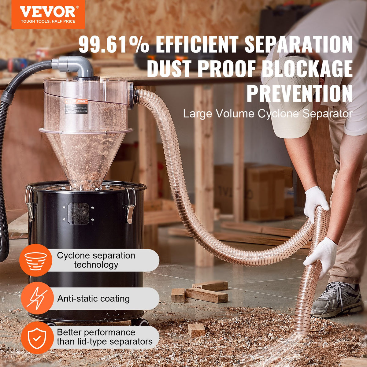 VEVOR Cyclone Dust Separator, 4" Retrofit Cyclone Separator for Dust Collectors, ABS Dust Deputy With 2" Hole O.D. Connector & Hose for Wet/Dry Shop Vacuums, Fits 5-10 Gallon Tank (Tank Exclude) - BDTXFCCQTJZXTEJX5V0 - view 3