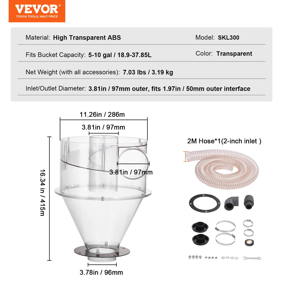 VEVOR Cyclone Dust Separator, 4" Retrofit Cyclone Separator for Dust Collectors, ABS Dust Deputy With 2" Hole O.D. Connector & Hose for Wet/Dry Shop Vacuums, Fits 5-10 Gallon Tank (Tank Exclude) - BDTXFCCQTJZXTEJX5V0 - view 8