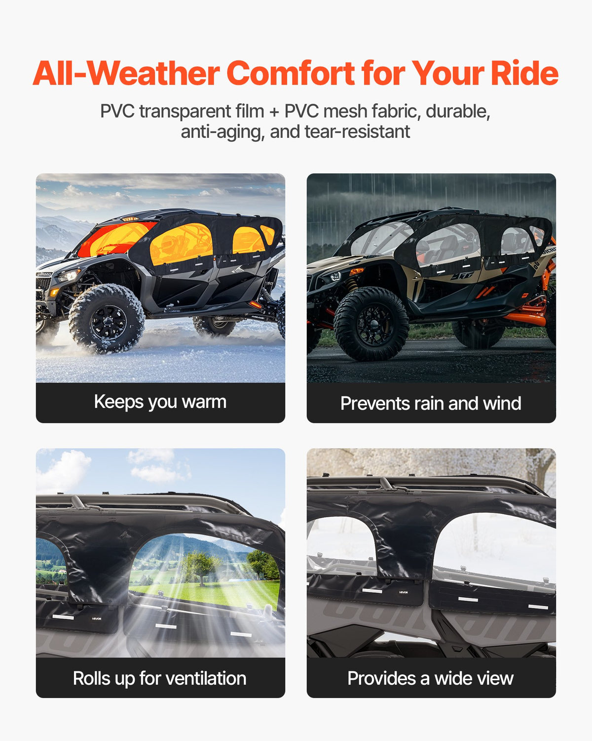 VEVOR Cab Enclosure Upper Doors, Compatible with Can-Am Maverick X3 MAX 4-Seater 2017-2024, Soft Upper Doors, Windproof Upgraded Zipper UTV Soft Side Window Kit, Work with Roof and Partial Windshields - BDWQCANAMMAV1RXOE001V0 - view 4