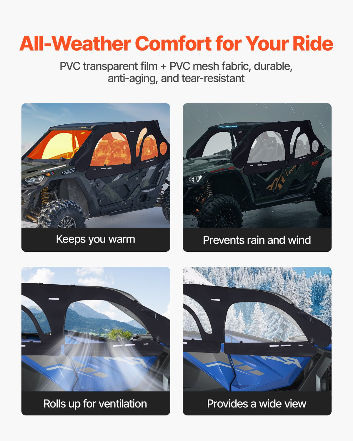 VEVOR Cab Enclosure Upper Doors, Compatible with Polaris RZR PRO 2020-2024/Polaris RZR Turbo2022-2024, Soft Upper Doors, Upgraded Zipper UTV Soft Side Window Kit, Fit with Side Mirrors and Windshields - BDWQPOLARISRJFHE6001V0 - view 4