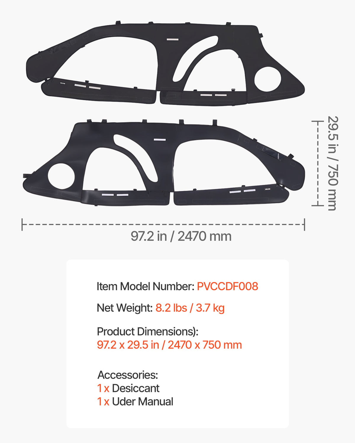 VEVOR Cab Enclosure Upper Doors, Compatible with Polaris RZR PRO 2020-2024/Polaris RZR Turbo2022-2024, Soft Upper Doors, Upgraded Zipper UTV Soft Side Window Kit, Fit with Side Mirrors and Windshields - BDWQPOLARISRJFHE6001V0 - view 8