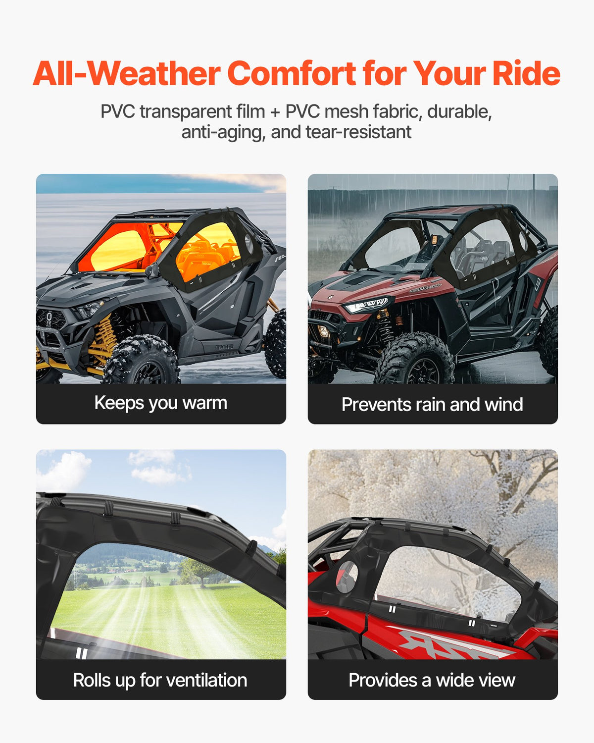 VEVOR Cab Enclosure Upper Doors, Compatible with Polaris RZR PRO XP/Turbo R 2020-2024, Soft Upper Doors, Windproof Upgraded Zipper UTV Soft Side Window Kit, Work with Side Mirrors and Windshields - BDWQPOLARISRK0HS6001V0 - view 4