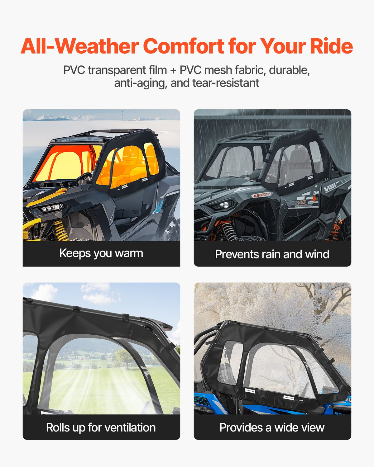 VEVOR Cab Enclosure Upper Doors, Compatible with Polaris RZR XP 1000/XP Turbo 2014-2023, Soft Upper Doors, Windproof Upgraded Zipper UTV Soft Side Window Kit, Work with Side Mirrors and Windshields - BDWQPOLARISRN7Z3V001V0 - view 4