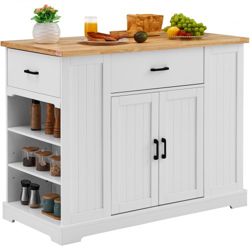VEVOR Kitchen Island Cart, 46" Wood Top Breakfast Bar with Storage Cabinet, Farmhouse Kitchen Table with Adjustable Shelf, Drawer, for Dining Kitchen Living Room, White - BFBGDKYDCFBS8BJFXV0 - view 2