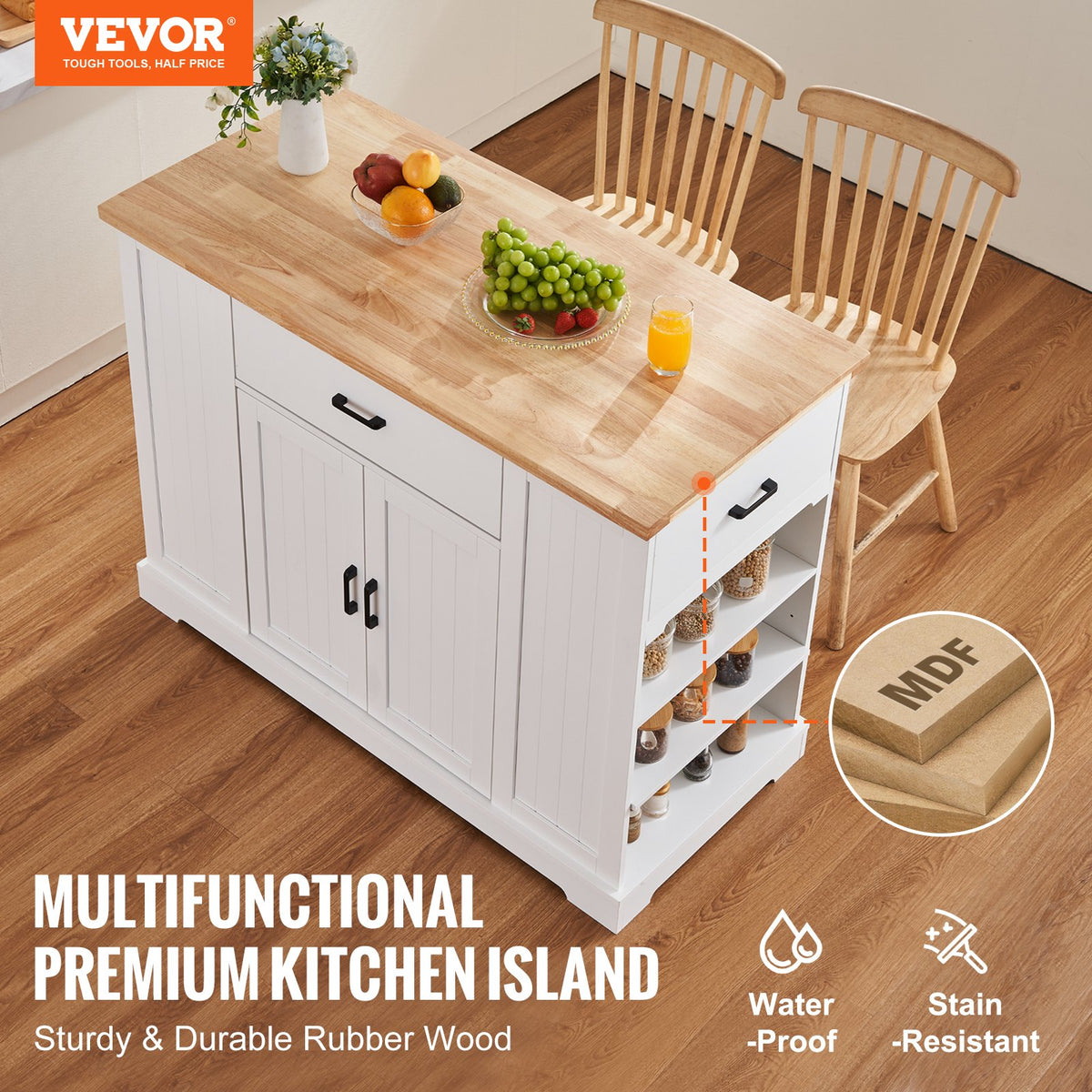 VEVOR Kitchen Island Cart, 46" Wood Top Breakfast Bar with Storage Cabinet, Farmhouse Kitchen Table with Adjustable Shelf, Drawer, for Dining Kitchen Living Room, White - BFBGDKYDCFBS8BJFXV0 - view 3