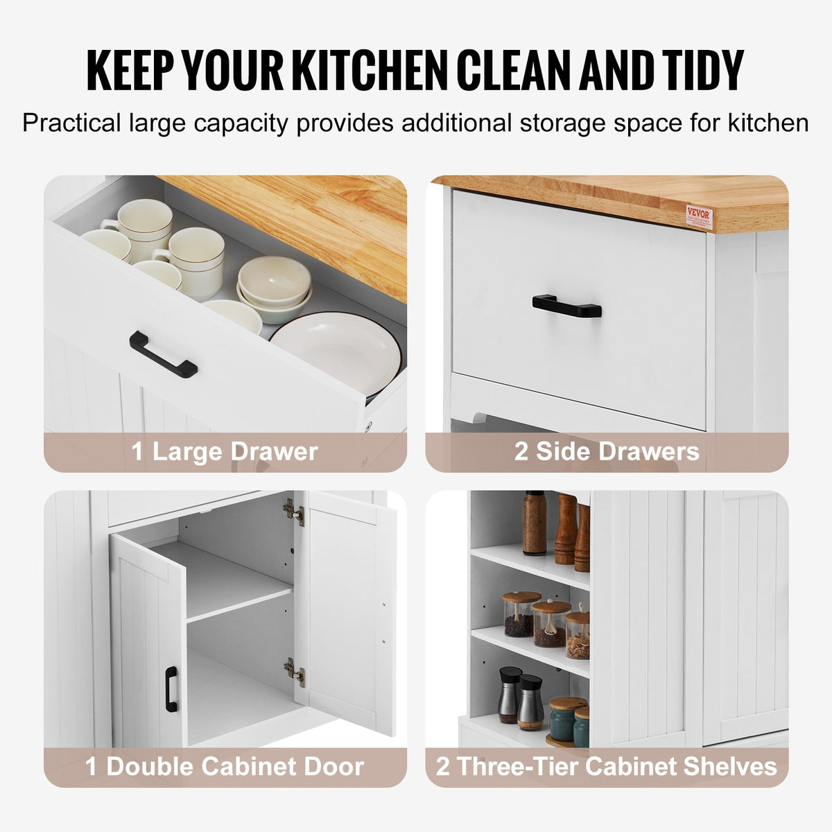 VEVOR Kitchen Island Cart, 46" Wood Top Breakfast Bar with Storage Cabinet, Farmhouse Kitchen Table with Adjustable Shelf, Drawer, for Dining Kitchen Living Room, White - BFBGDKYDCFBS8BJFXV0 - view 4