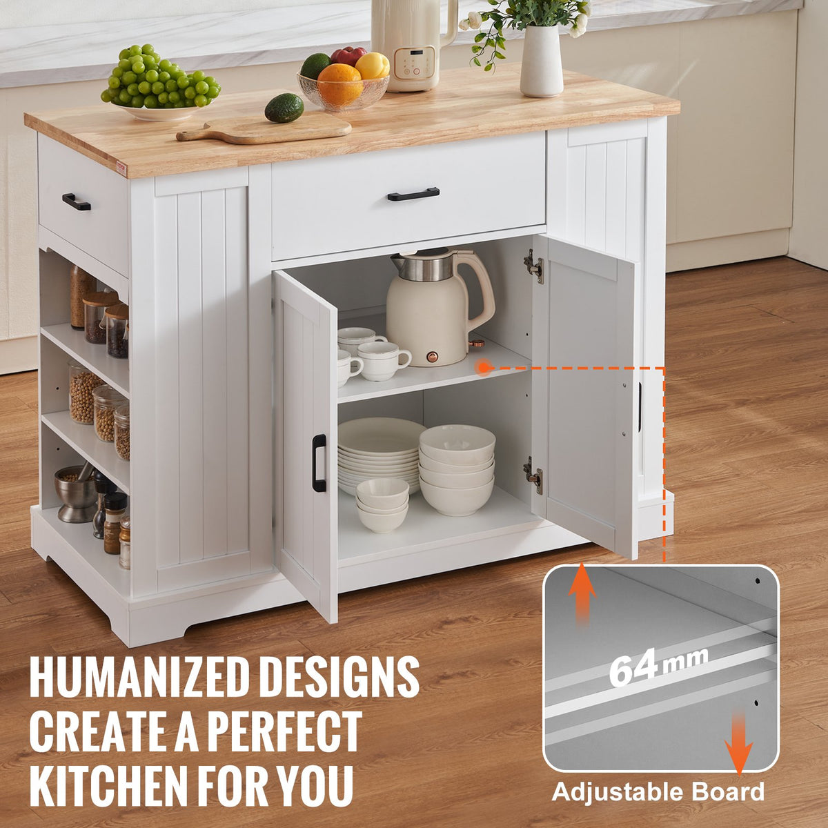 VEVOR Kitchen Island Cart, 46" Wood Top Breakfast Bar with Storage Cabinet, Farmhouse Kitchen Table with Adjustable Shelf, Drawer, for Dining Kitchen Living Room, White - BFBGDKYDCFBS8BJFXV0 - view 7