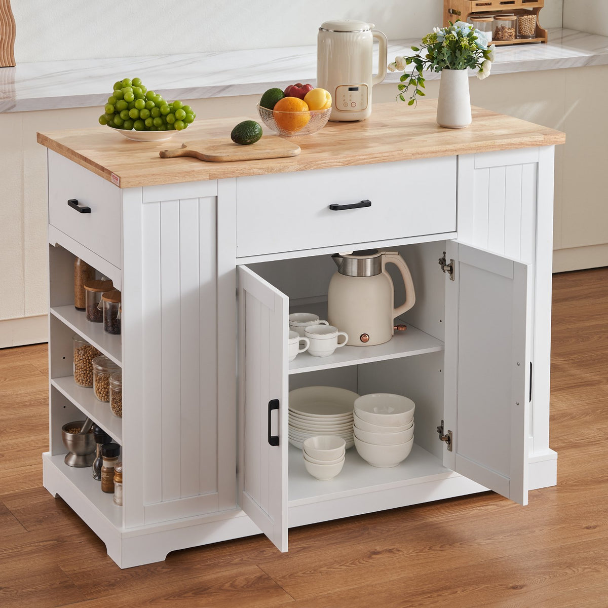 VEVOR Kitchen Island Cart, 46" Wood Top Breakfast Bar with Storage Cabinet, Farmhouse Kitchen Table with Adjustable Shelf, Drawer, for Dining Kitchen Living Room, White - BFBGDKYDCFBS8BJFXV0 - view 9