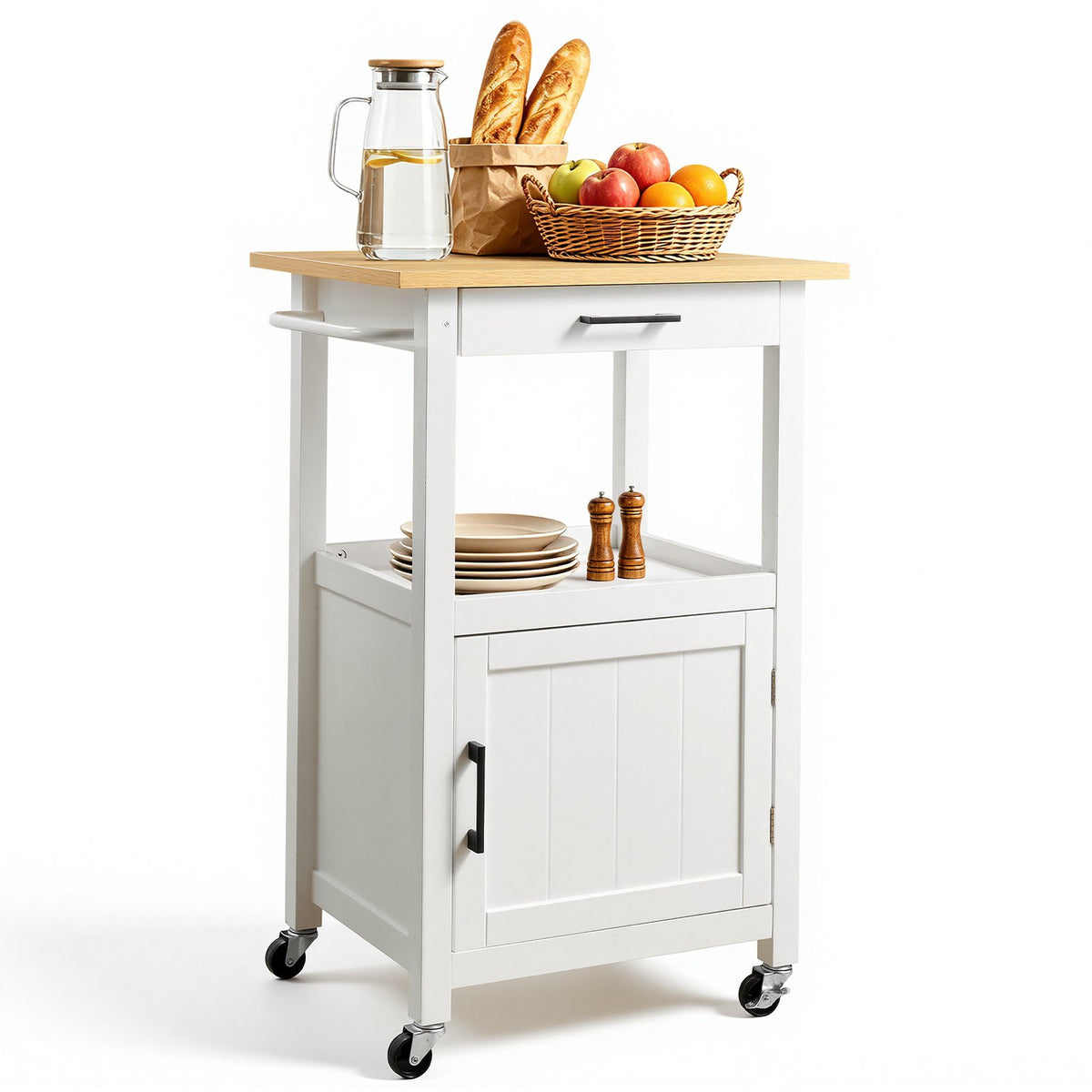 VEVOR Kitchen Island Cart with Single Door Cabinet, Mobile Carts with Drawer, Towel Rack, Hooks, Portable Table on Swivel Wheels, Small Coffee Islands Microwave Stand for Dining Room, 18x23 in, White - BFBYDKCFDBS1FW1W4001V0 - view 1