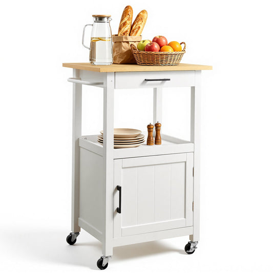 VEVOR Kitchen Island Cart with Single Door Cabinet, Mobile Carts with Drawer, Towel Rack, Hooks, Portable Table on Swivel Wheels, Small Coffee Islands Microwave Stand for Dining Room, 18x23 in, White - BFBYDKCFDBS1FW1W4001V0 - view 1