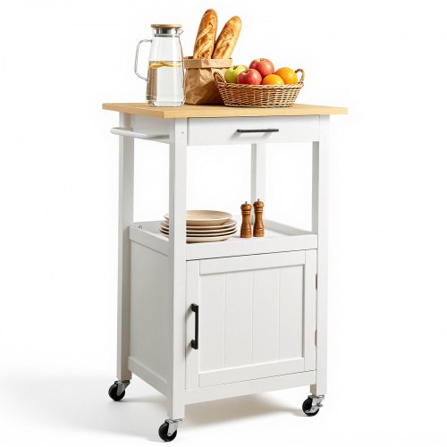 VEVOR Kitchen Island Cart with Single Door Cabinet, Mobile Carts with Drawer, Towel Rack, Hooks, Portable Table on Swivel Wheels, Small Coffee Islands Microwave Stand for Dining Room, 18x23 in, White - BFBYDKCFDBS1FW1W4001V0 - view 2