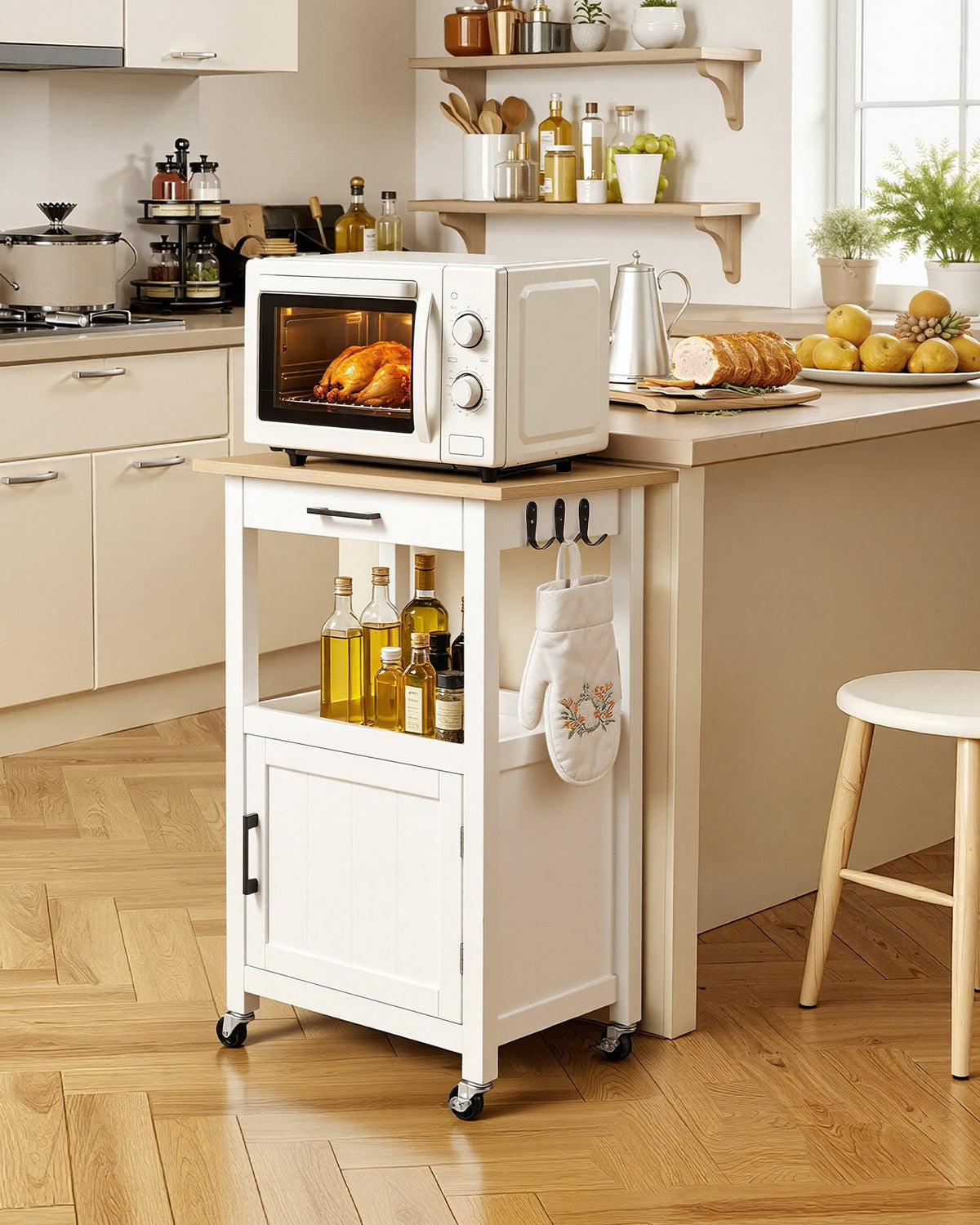 VEVOR Kitchen Island Cart with Single Door Cabinet, Mobile Carts with Drawer, Towel Rack, Hooks, Portable Table on Swivel Wheels, Small Coffee Islands Microwave Stand for Dining Room, 18x23 in, White - BFBYDKCFDBS1FW1W4001V0 - view 3