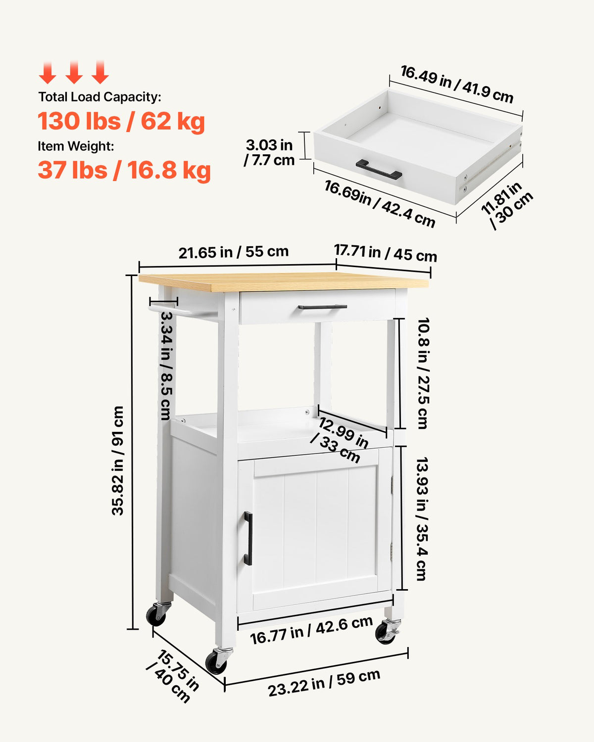 VEVOR Kitchen Island Cart with Single Door Cabinet, Mobile Carts with Drawer, Towel Rack, Hooks, Portable Table on Swivel Wheels, Small Coffee Islands Microwave Stand for Dining Room, 18x23 in, White - BFBYDKCFDBS1FW1W4001V0 - view 4