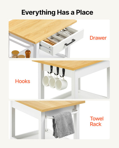 VEVOR Kitchen Island Cart with Single Door Cabinet, Mobile Carts with Drawer, Towel Rack, Hooks, Portable Table on Swivel Wheels, Small Coffee Islands Microwave Stand for Dining Room, 18x23 in, White - BFBYDKCFDBS1FW1W4001V0 - view 7