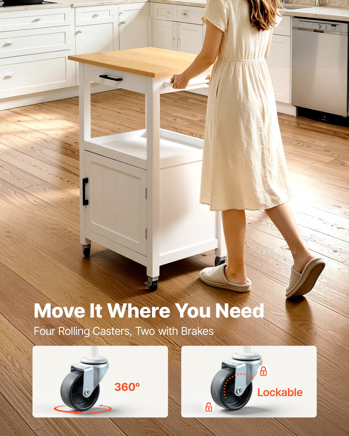 VEVOR Kitchen Island Cart with Single Door Cabinet, Mobile Carts with Drawer, Towel Rack, Hooks, Portable Table on Swivel Wheels, Small Coffee Islands Microwave Stand for Dining Room, 18x23 in, White - BFBYDKCFDBS1FW1W4001V0 - view 8