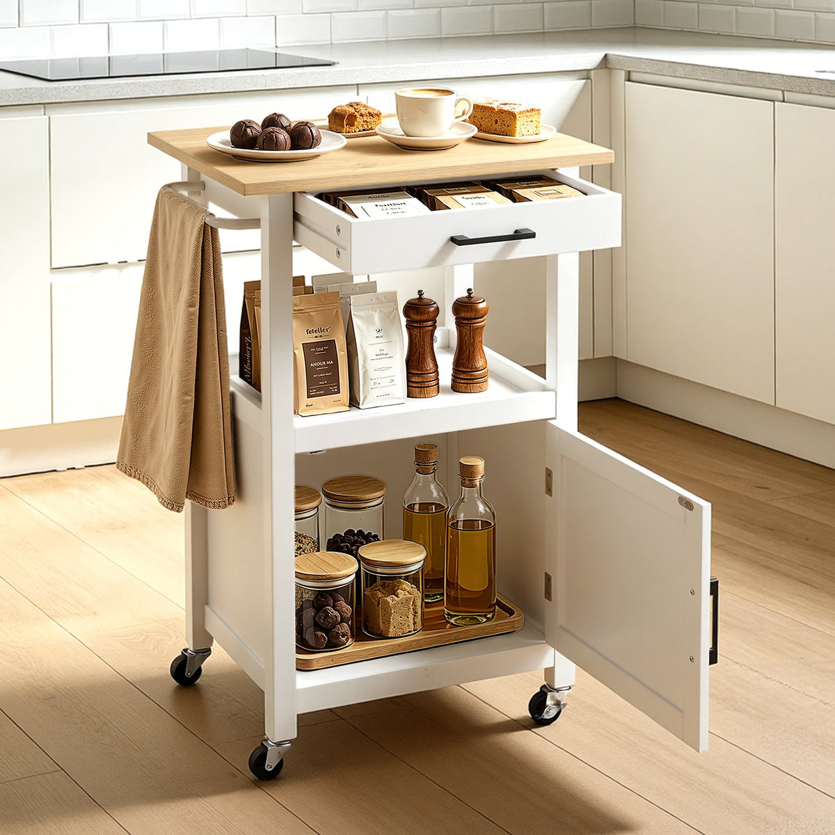 VEVOR Kitchen Island Cart with Single Door Cabinet, Mobile Carts with Drawer, Towel Rack, Hooks, Portable Table on Swivel Wheels, Small Coffee Islands Microwave Stand for Dining Room, 18x23 in, White - BFBYDKCFDBS1FW1W4001V0 - view 9