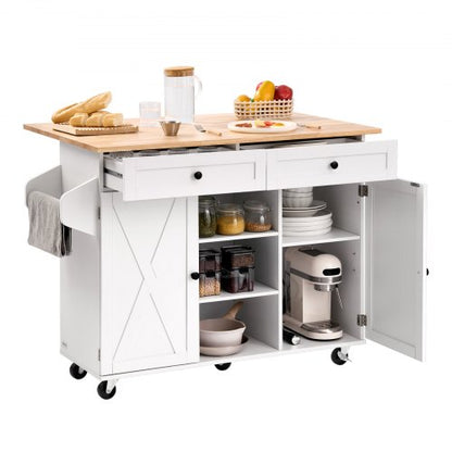 VEVOR Kitchen Island Cart, with Solid Wood Top and Storage Cabinet, Mobile Rolling Table with Drop Leaf, Drawers, Spice Towel Rack, Portable Islands on Swivel Wheels for Dining Room, 52in Width, White - BFBYDKCFDBS2K4K0T001V0 - view 2