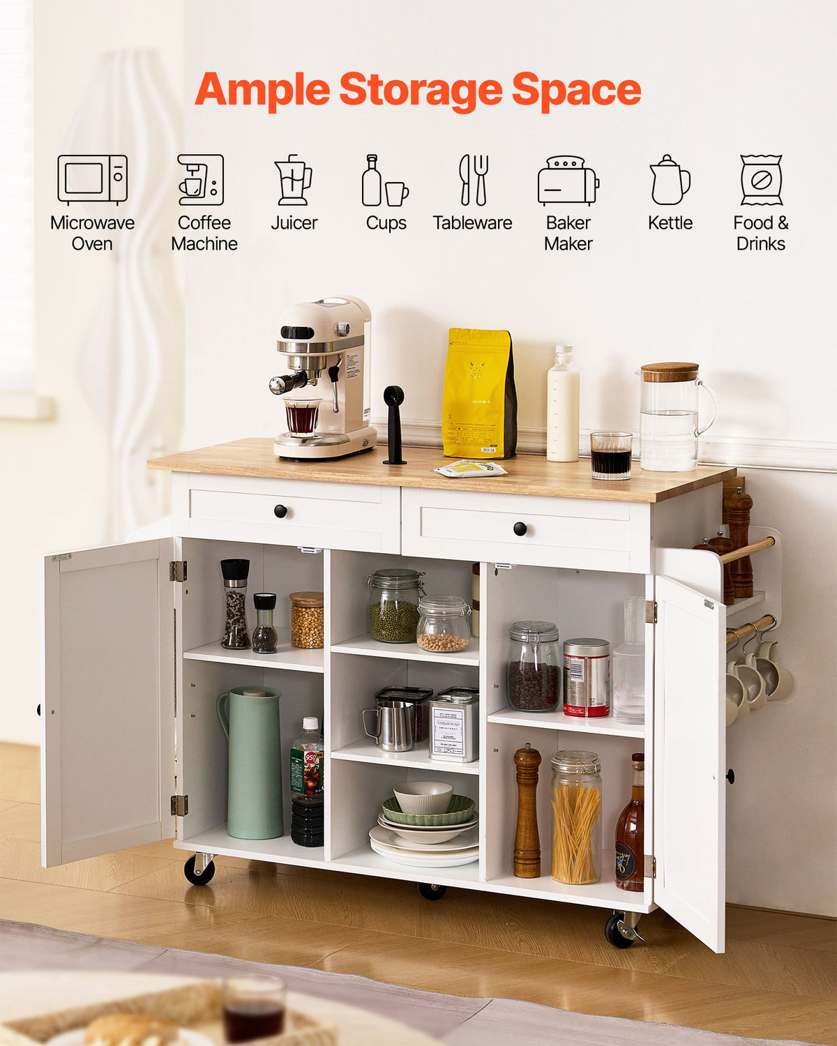 VEVOR Kitchen Island Cart, with Solid Wood Top and Storage Cabinet, Mobile Rolling Table with Drop Leaf, Drawers, Spice Towel Rack, Portable Islands on Swivel Wheels for Dining Room, 52in Width, White - BFBYDKCFDBS2K4K0T001V0 - view 3