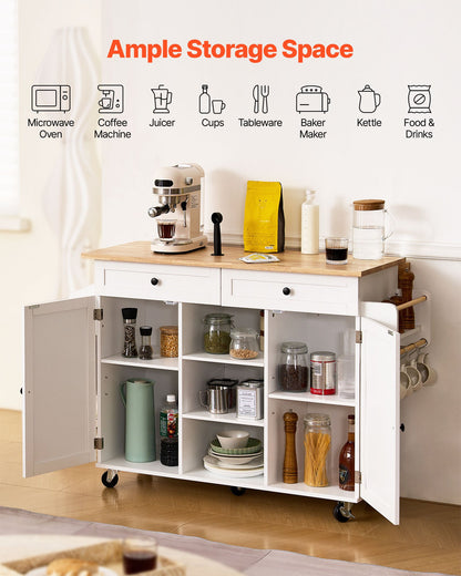 VEVOR Kitchen Island Cart, with Solid Wood Top and Storage Cabinet, Mobile Rolling Table with Drop Leaf, Drawers, Spice Towel Rack, Portable Islands on Swivel Wheels for Dining Room, 52in Width, White - BFBYDKCFDBS2K4K0T001V0 - view 3