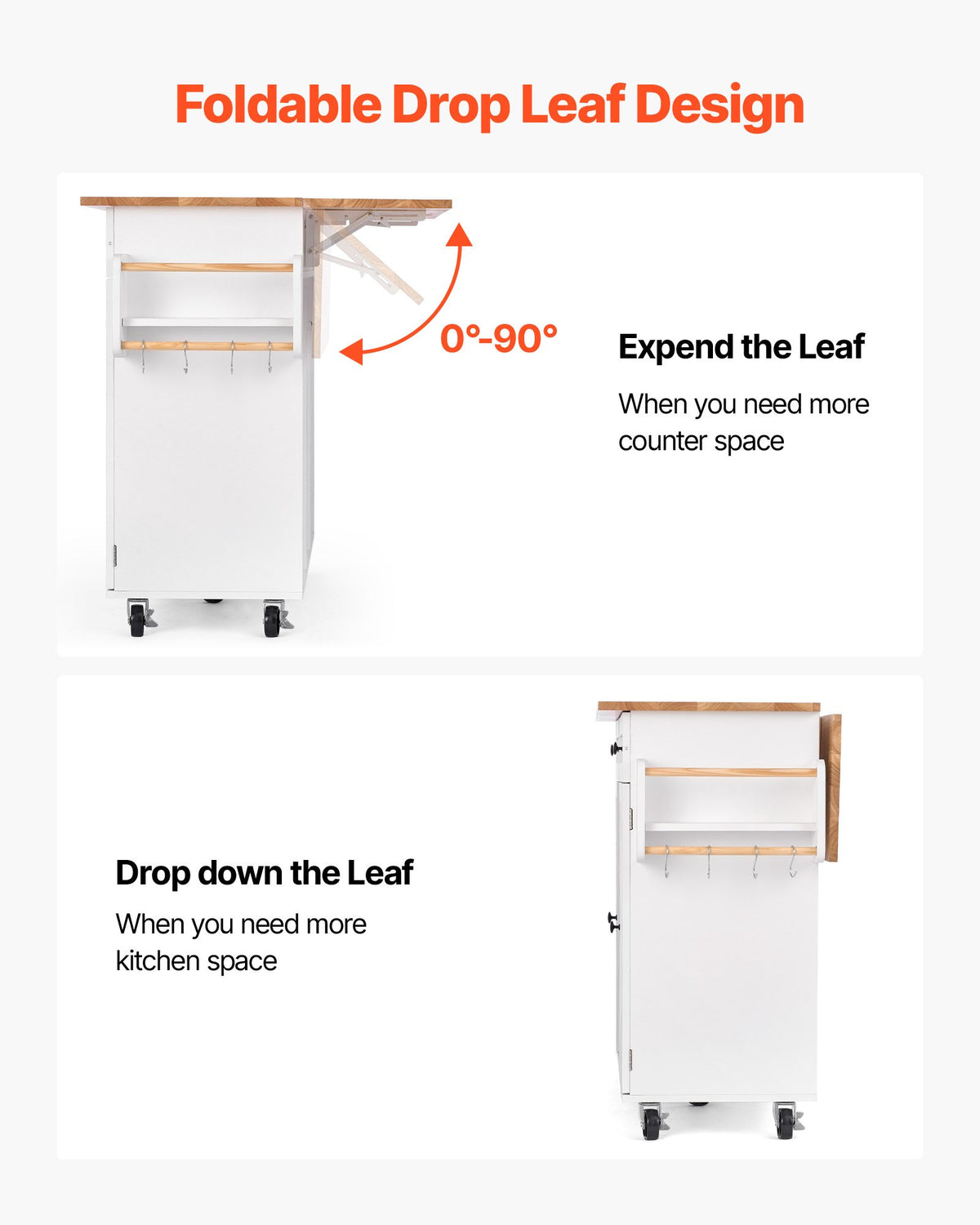 VEVOR Kitchen Island Cart, with Solid Wood Top and Storage Cabinet, Mobile Rolling Table with Drop Leaf, Drawers, Spice Towel Rack, Portable Islands on Swivel Wheels for Dining Room, 52in Width, White - BFBYDKCFDBS2K4K0T001V0 - view 5