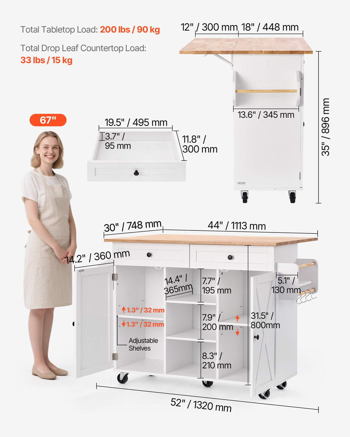 VEVOR Kitchen Island Cart, with Solid Wood Top and Storage Cabinet, Mobile Rolling Table with Drop Leaf, Drawers, Spice Towel Rack, Portable Islands on Swivel Wheels for Dining Room, 52in Width, White - BFBYDKCFDBS2K4K0T001V0 - view 6